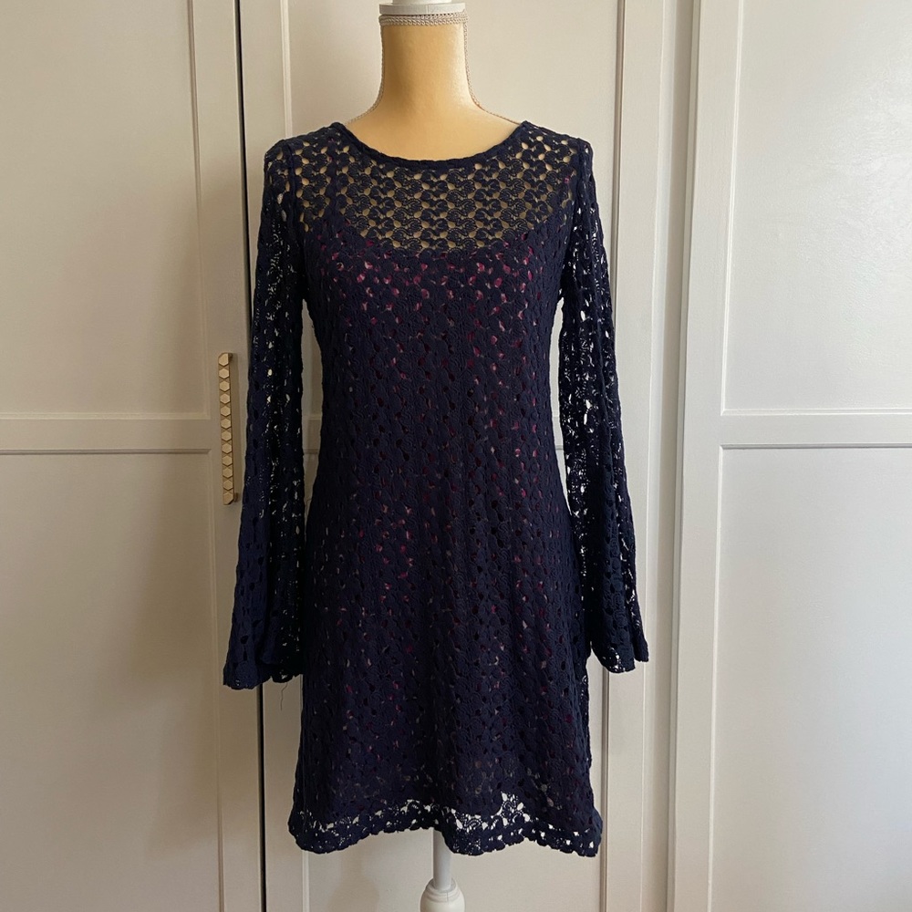 Long Sleeve Blue Knit Dress Cover Up with Slip